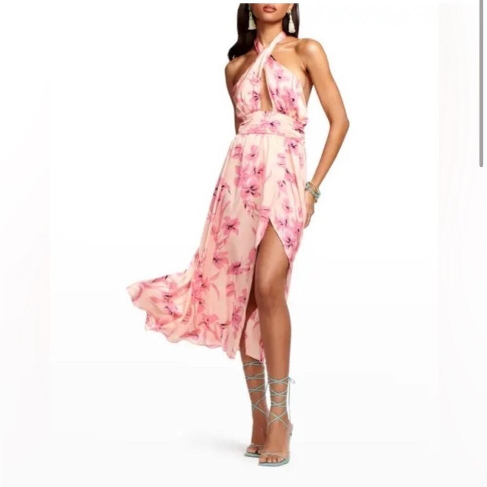 Ramy Brook Floral Halter Midi Dress Open Back Leg Slit 12 Beach Resort Vacation